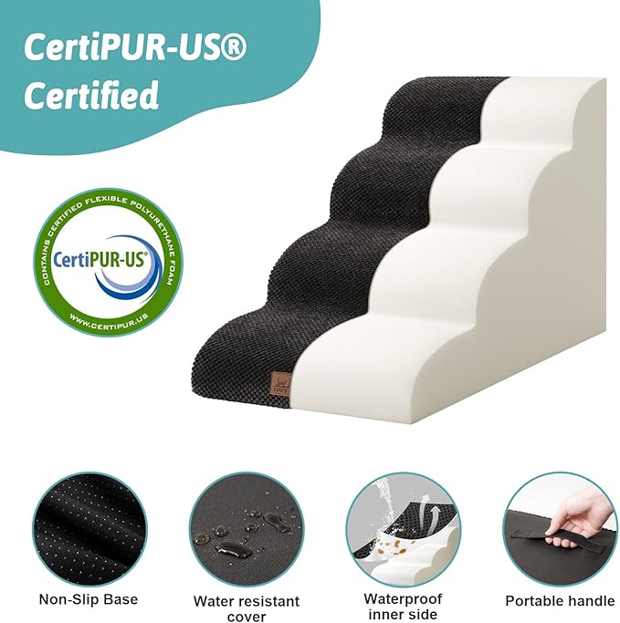 Dog Stairs for Small Dogs 19.7" H, Curved Dog Step for Puppy, Older or Cat, Medium Pet Ramp for Sofa, Couch or Bed, Ladder with High Density Foam, 15.7x28.3x19.7 inch, 4 Step, Black-PurrikoPets