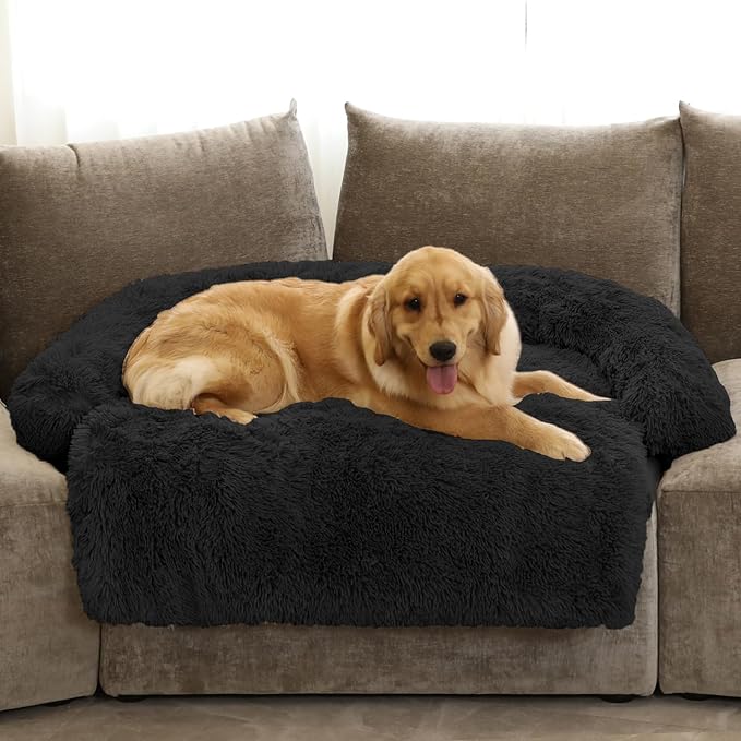 GGIB Calming Dog Bed Fluffy Plush Dog Mat for Furniture Protector with Removable Washable Cover for Large Medium Small Dogs and Cats (Extra Large (53x39.3x6), Black)-PurrikoPets