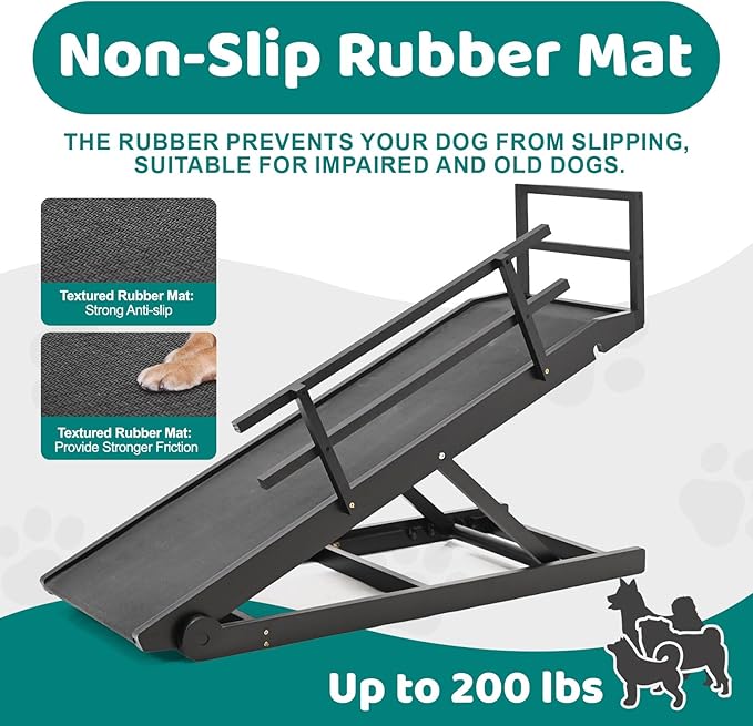 Dog Ramp for Bed, Adjustable Pet Ramps for Dog to Get on Bed, Non-Slip Rubber Surface - Folding Wooden Dog Ramp for Small/Large/Old Dogs, Adjustable up to 27.5 inch High Beds, Safety Railings-PurrikoPets
