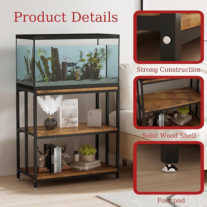 20 Gallon Metal Aquarium Stand with Shelves for Fish Tank Accessories Storage, Reptile Tank Turtle Terrariums Stand for Home Office (Black)-PurrikoPets