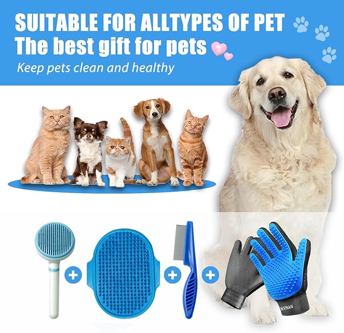 4Piece Dog Grooming Brush Set with Grooming Gloves, Deshedding Comb & Massage Bath Brush - Multifunctional Pet Hair Removal Tools for Shedding, Bathing, Brushing (Blue)-PurrikoPets
