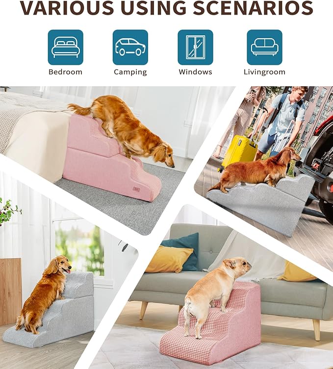 Dog Step for Bed, Dog Stair 3-Step 35D Pet Stair 15.7" H for High Bed or Sofa Non-Slip Balanced Pet Step Indoor, Pink-PurrikoPets