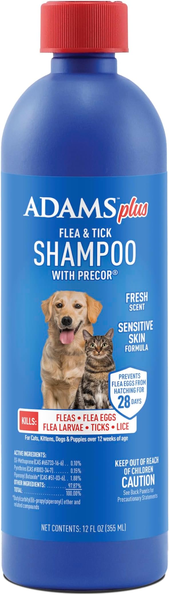 Adams Plus Flea & Tick Shampoo with Precor for Cats, Kittens, Dogs & Puppies Over 12 Weeks Of Age Sensitive Skin Flea Treatment | Kills Adult Fleas, Flea Eggs, Ticks, and Lice| 12 Ounces-PurrikoPets