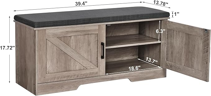 2-Tier Storage Bench, Shoe Bench with Padded Seat Cushion, Entryway Bench with 2 Barn Doors, Adjustable Shelf, 13.8" D x 39.4" W x 17.7" H, for Entryway, Living Room, Bedroom, Greige-PurrikoPets