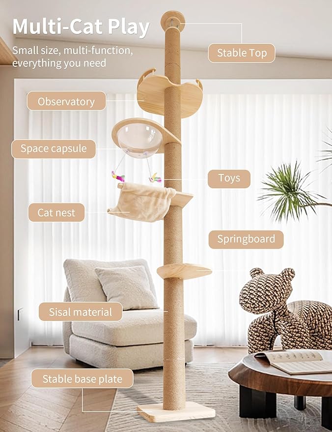 Floor-to-Ceiling Cat Tree with Natural Sisal Rope Scratching Post - Adjustable Height (55-119 Inches) - Modern Cat Activity Tree, Cat Scratcher Post-PurrikoPets