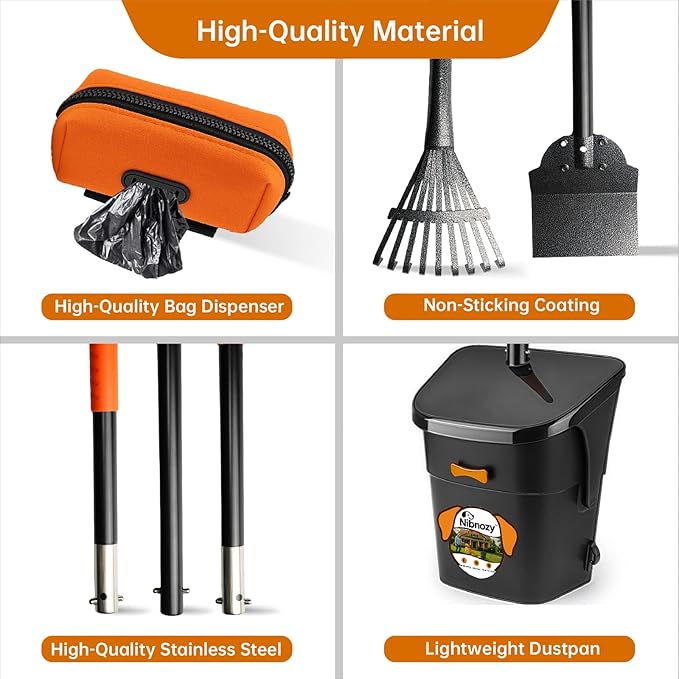 Dog Pooper Scooper with Bags & Dispenser - 37.4" Long Durable Metal Handle Swivel Bin & Rake & Spade Kit, Large Capacity Portable Pooper Scooper for Yards，Easy to Assemble-PurrikoPets