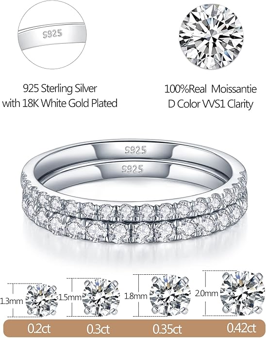 IMOLOVE Moissanite Wedding Band Wedding Rings for Women 0.35 ct D Color VVS1 Lab Created Diamond 18K Gold Plated Silver Rings Half Eternity Stackable Engagement Ring Anniversary Band Size 4-11