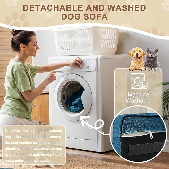 Dog Sofa Couch for Medium to Large Dogs, 31" Memory Foam Dog Couch with Washable Fabric, Removable Cushion, Sofa Bed for Medium and Large Dogs, Blue-PurrikoPets