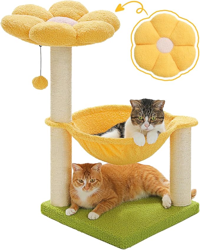 28" Flower Cat Tree Cute with Flower Top Perch, Large Hammock for Indoor Small Cats, Small Cat Tower with Cute Scratching Post and Fur Toy Ball for Kittens, Yellow-PurrikoPets