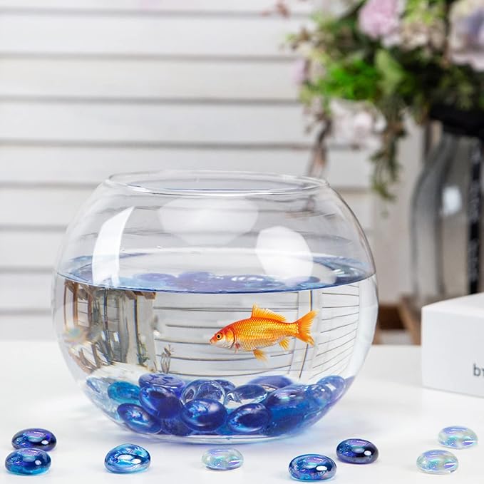 FUTUREPLUSX 1LB Iridescent Flat Glass Marbles, Blue Mixed Glass Beads Vase Fillers Decorative Gem Pebbles Sparkling Floral Fish Tank Rocks for Vases Table Scatter Aquarium Decor DIY Craft-PurrikoPets