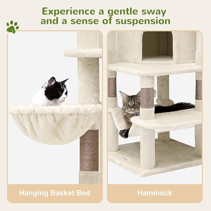 Globlazer Corner Cat Tree Tower for Large Cat, 66inch Tall Large Cat Tree Condo for Multiple Indoor Cats with 6 Scratching Posts, 2 Spacious Cat Condos, Soft Hammock, Hanging Basket, C66, Light Beige-PurrikoPets