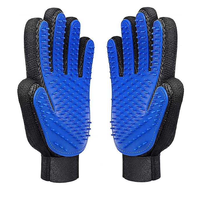 1 Pair [2-in-1] Pet Hair Removal Gloves - Five Finger Massage Design Pet Beauty Gloves, Suitable for pet dogs and cats to prevent hair tanglings(Dark blue)-PurrikoPets
