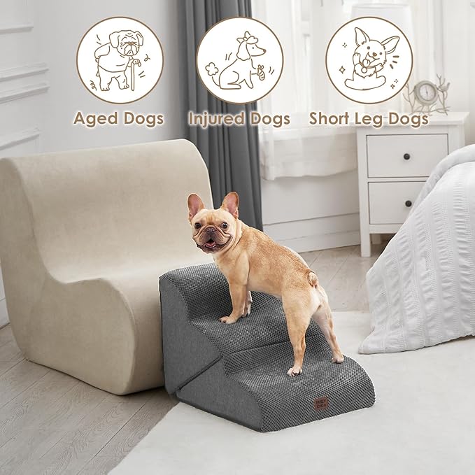 EHEYCIGA Curved Foldable Dog Stairs Ramp for Small Dogs 16" H, 3-Step Dog Steps for Couch Sofa and Chair, Pet Stairs for Cats, Non-Slip Balanced Pet Steps Indoor, Grey-PurrikoPets