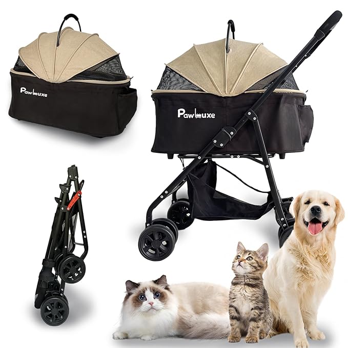4 Wheels Pet Stroller 4 in 1 Pet Stroller with Detachable Carrier for Small & Medium Dogs Cats up to 55 lbs Easy-Folding Travel Dog Wagon with Car Seat Breathable Mesh,Khaki-PurrikoPets