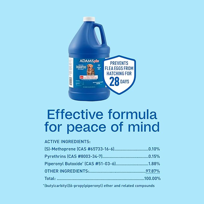 ADAMS Plus Flea & Tick Shampoo with Precor IGR for Cats, Kittens, Dogs & Puppies Over 12 Weeks Of Age, Sensitive Skin Flea Treatment, Kills Adult Fleas, Flea Eggs, Ticks, and Lice, 1 Gallon-PurrikoPets