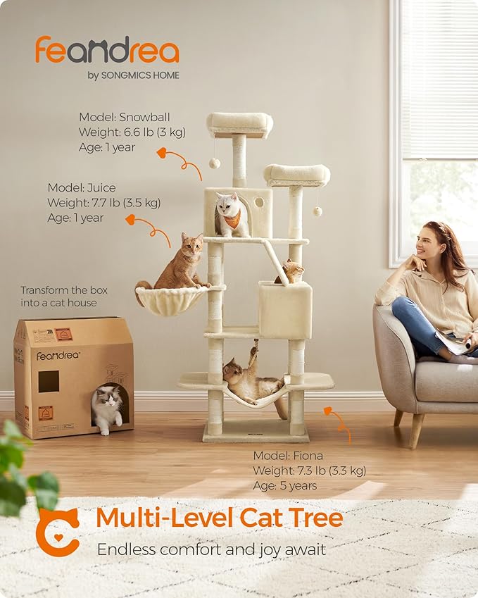 Feandrea Cat Tree, 66.1-Inch Large Cat Tower with 13 Scratching Posts, 2 Perches, 2 Caves, Basket, Hammock, Pompoms, Multi-Level Plush Cat Condo for Indoor Cats, Beige UPCT165M01-PurrikoPets