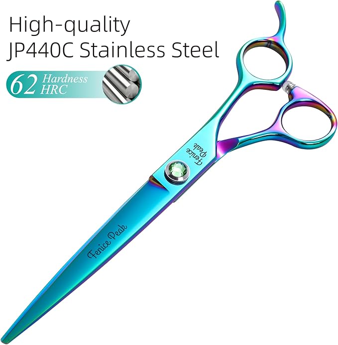 Fenice Peak 7.5'' Green Straight Dog Grooming Scissors Pet Shears with Ergonomic Offest Handle and Simulated Emerald Screw 440C Grooming Scissors Trimming Shears Durable and Sharp-PurrikoPets