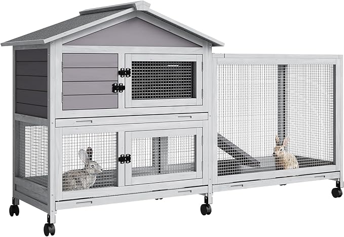 2-Tier Rabbit & Chicken House Mobile,Wooden Chicken Coop & Bunny Cage with Non-Slip Ramp, 4 Doors,Waterproof Roof & Pull-Out Tray,Outdoor/Indoor Pet Cage Movable-PurrikoPets