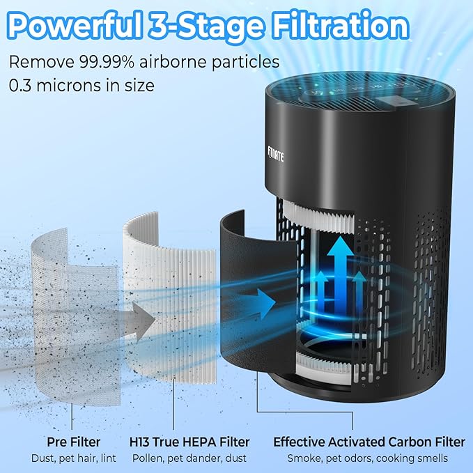 FITNATE Air Purifiers for Home Large Room Up to 1076 Ft² with Aromatherapy, H13 True HEPA Air Purifier for Pets, Quiet Air Cleaner for Smoke Dust Pollen Pet Dander Odor, with Night Light,Timer, Black-PurrikoPets