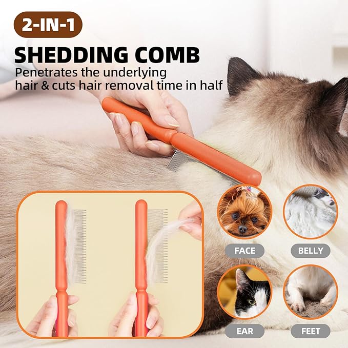 Dog Grooming Brush Set, 7 PCS Self-Cleaning Deshedding Hair Brushes for Short Long Haired Dogs Cats, Includes Scrubber Shower Wash Brush, Dematting Comb, Scissor - Yellow-PurrikoPets