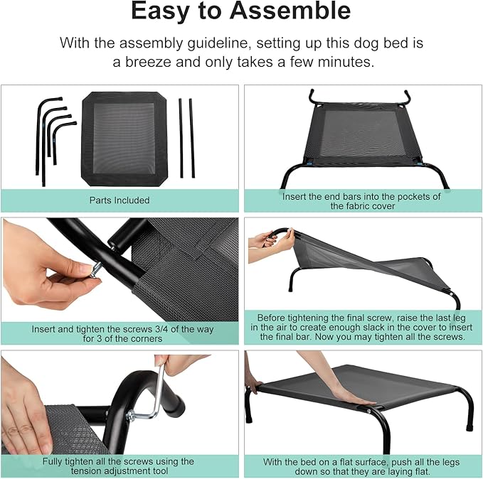 50" Lx35 Wx8 H Cooling Elevated Dog Bed for Large Dogs with Non-Slip Floor Protectors & Breathable Mesh, Raised Indoor & Outdoor Dog Cot Pet Hammock, Grey-PurrikoPets