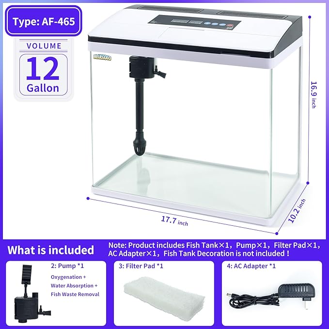 Glass Aquarium Fish Tank Starter Kit with Temperature and Time Display for Betta Fish Featuring Crystal Clear 360° Viewing, Eco-Cycle Filtration, Air Pump 12 Gallon-PurrikoPets