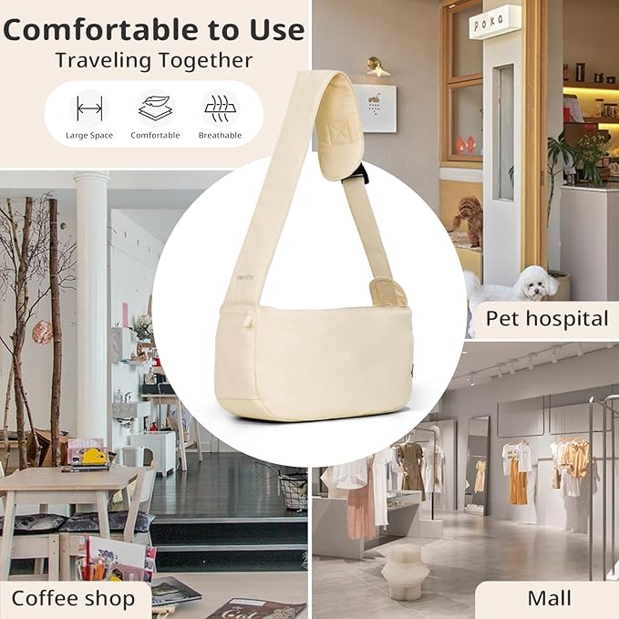 Dog Sling Carrier for Small Dogs and Cats, Lightweight Collapsible Pet Travel Bag with Adjustable Strap, Side Pockets & Breathable Mesh (Beige, 15.7" L x 5.9" W x 8.6" H)-PurrikoPets