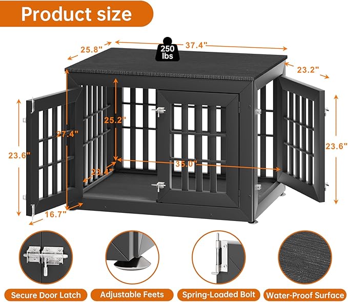 38" Heavy Duty Dog Crate Furniture for Small,Medium and Large Dogs,Rustic Wooden Dog Cage Kennel Indoor Furniture with Waterproof Top,Decorative Pet House Side End Table (Black)-PurrikoPets