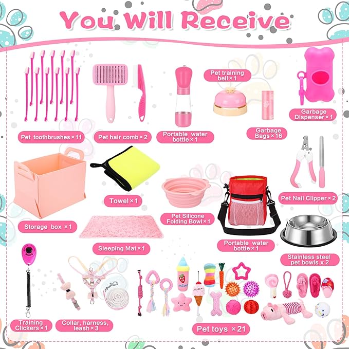 65 Pcs Puppy Supplies Starter Kit Small Dog Essentials Includes Dog Leash, Toys, Bowl, Brushes, Water Bottles, pet Blankets Puppy Accessories for New Welcome Gift Supplies(Cute,Pink)-PurrikoPets