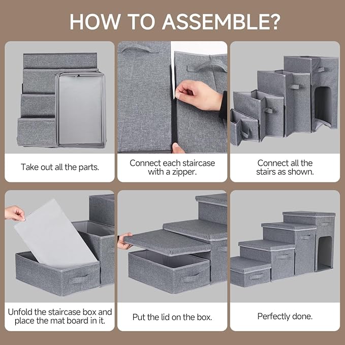 Dog Stairs with Storage, Folding Pet Steps with Zip for Small Dogs and Cats, 4-Step Pet Stairs with Pet House for High Bed, Couch and Car Ramp (Gray, 4 Steps with Condo)-PurrikoPets