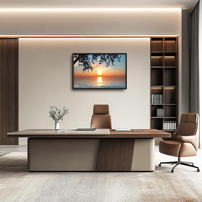 Framed Large Lake Sunset Wall Art, Oversized Natural Landscape Wall Decor for Living Room, Tree Leaves Canvas Painting Pictures Home Decoration for Living Room Bedroom Office 36"x24"-PurrikoPets