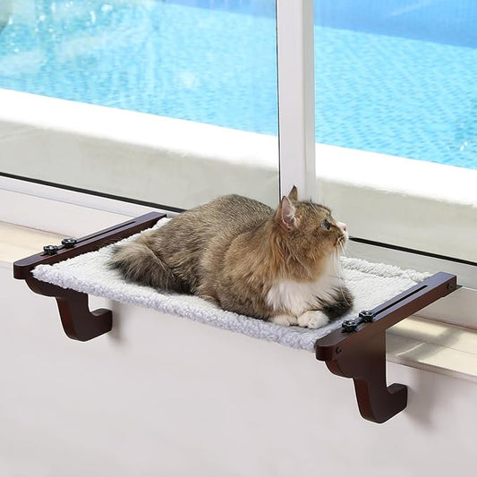 Easy Seat Cat Perch for Window Sill - Hammock Design w/Premium Wood & Robust Metal Frame - Cat Window Seat for Large Cats and Kittens (Dark Stained Wood w/Gray Bed, Medium (23''W x 14''D))-PurrikoPets