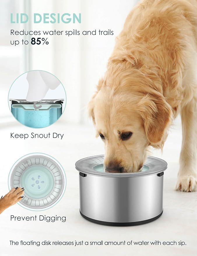 1Gallon Large Dog Water Bowl No Spill, [Anti Digging Lid & Rubber Bottom] Spill Proof Dog Bowl, Anti Splash Mess Dripless Slow Drinking Stainless Steel Water for Sloppy Messy Drinkers Car-PurrikoPets