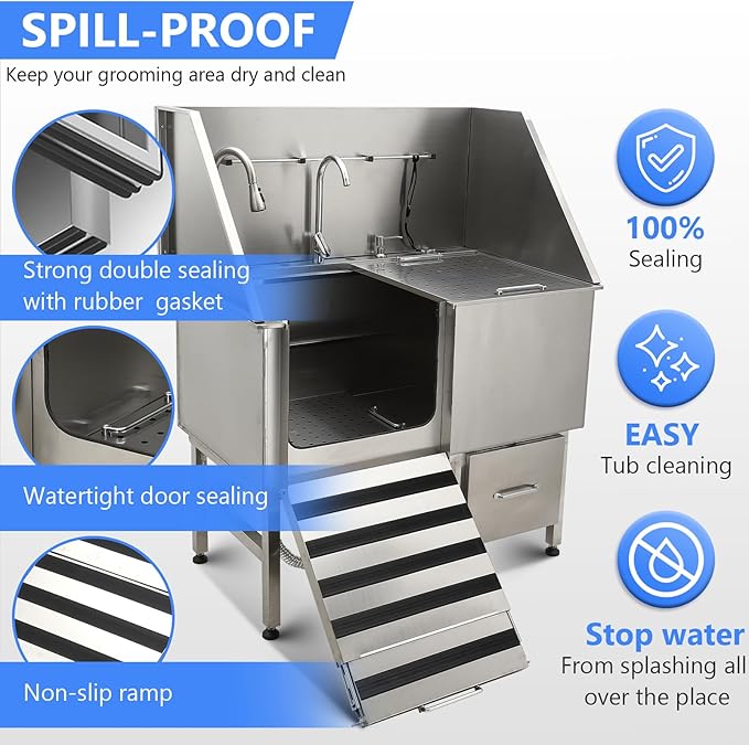 50" Dog Washing Station, Professional Stainless Steel Pet Dog Bathing Station with Ramp, Faucet, Storage Drawer, Floor Grate Dog Bathtub for Large, Medium, Small Pets (Left Ramp)-PurrikoPets