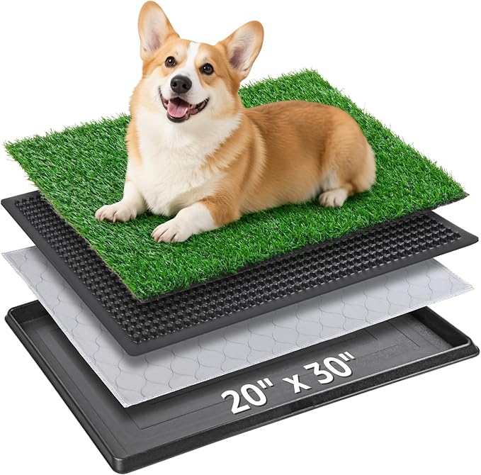 Dog Grass Pet Loo Indoor/Outdoor Portable Potty, Dog Litter Box, Artificial Grass Patch Bathroom Mat and Washable Pee Pad for Puppy Training, Full System with Trays (Pet Training Tray, 20"x30")-PurrikoPets