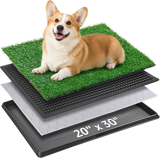 Dog Grass Pet Loo Indoor/Outdoor Portable Potty, Dog Litter Box, Artificial Grass Patch Bathroom Mat and Washable Pee Pad for Puppy Training, Full System with Trays (Pet Training Tray, 20"x30")-PurrikoPets