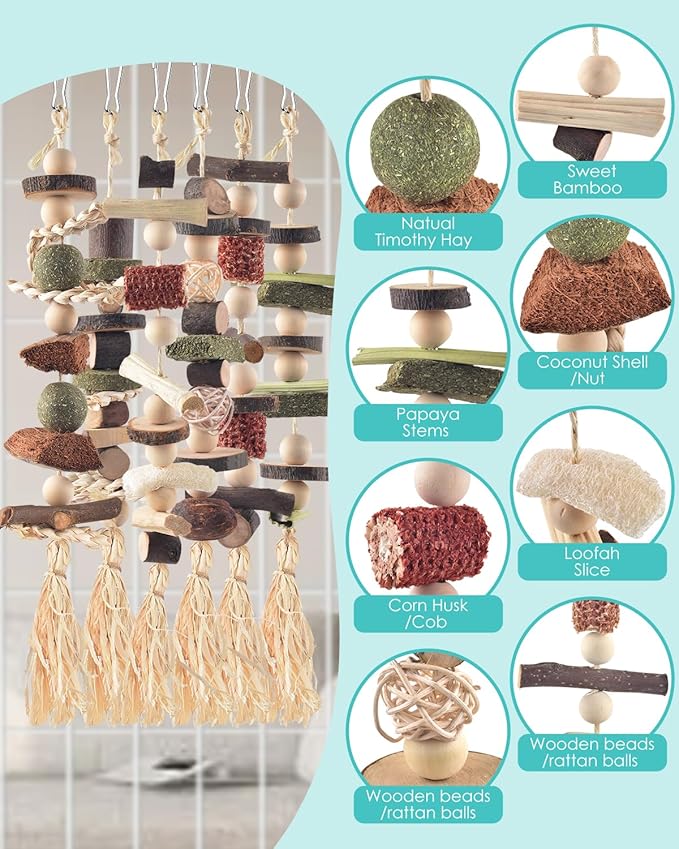 6PCS Bunny Chew Toys, Hamster Rabbit Cage Hanging Chew Toys, Natural Apple Wood Bunnies Treats, Improve Small Animal Teeth Health for Guinea Pig Chinchilla Ferret Rats Gerbil-PurrikoPets