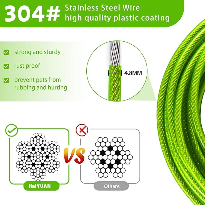 Dog Tie Out Cable 10/15/20/25/30 FT Runner for Yard Steel Wire Cable with Durable Superior Clips Green Chains for Outside Dog Lead for Large Up to 165 Lbs-PurrikoPets