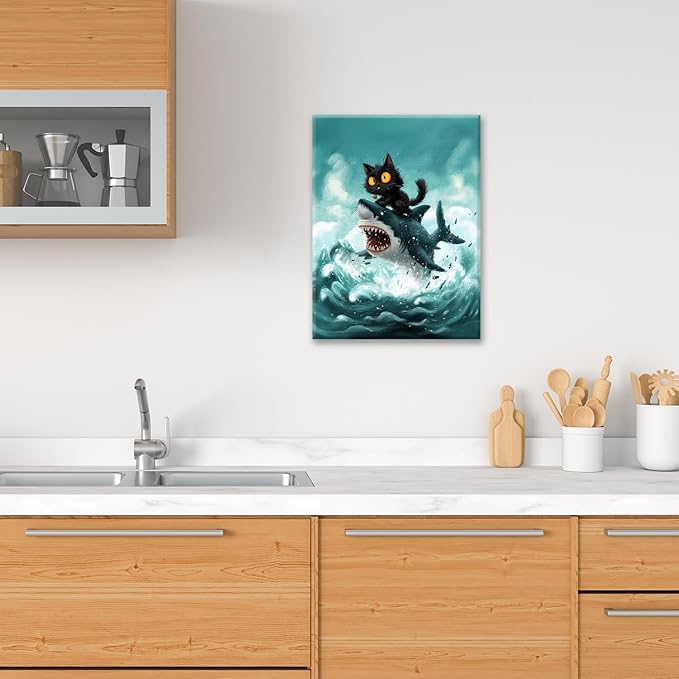 Funny Black Cat Bathroom Wall Art Cute Cat Riding Shark Canvas Wall Decor Animal Kitten Pictures Painting Print Artwork Framed Decorations Gifts for Cat Lover Kids Room Bedroom 16"x20"-PurrikoPets