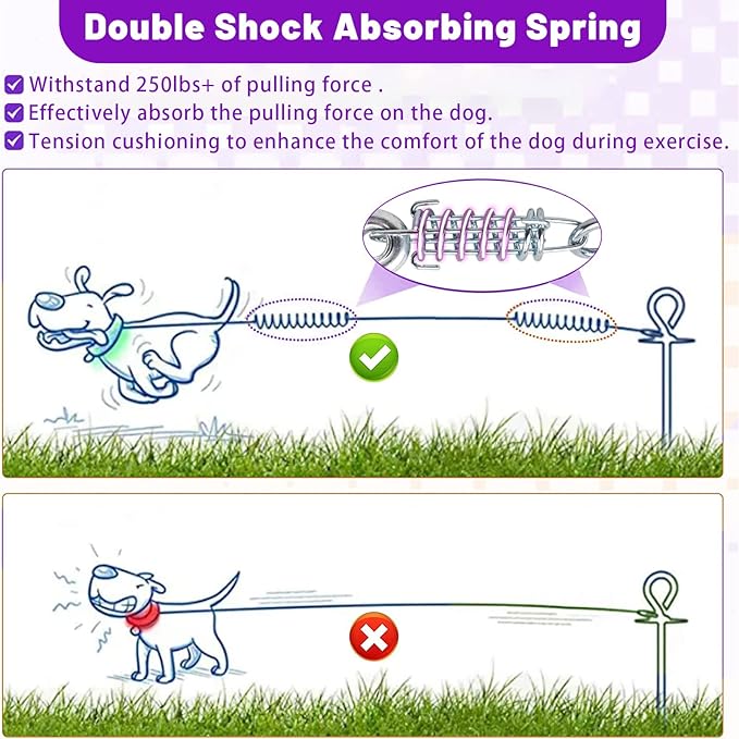 Dog Tie Out Cable - 10/15/20/25/30FT Heavy Duty for Large Dogs Up to 250LBS - Rosy Pink/Blue/Purple/Silver/Red/Green/Yellow-PurrikoPets