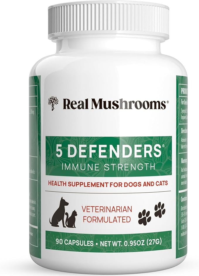 5 Defenders Mushroom Supplement for Cats & Dogs – Chaga, Shiitake, Reishi, Turkey Tail, Maitake – Cat Multivitamin & Dog Supplement for Wellness Support– 90 ct Real Mushrooms Powder Capsules-PurrikoPets