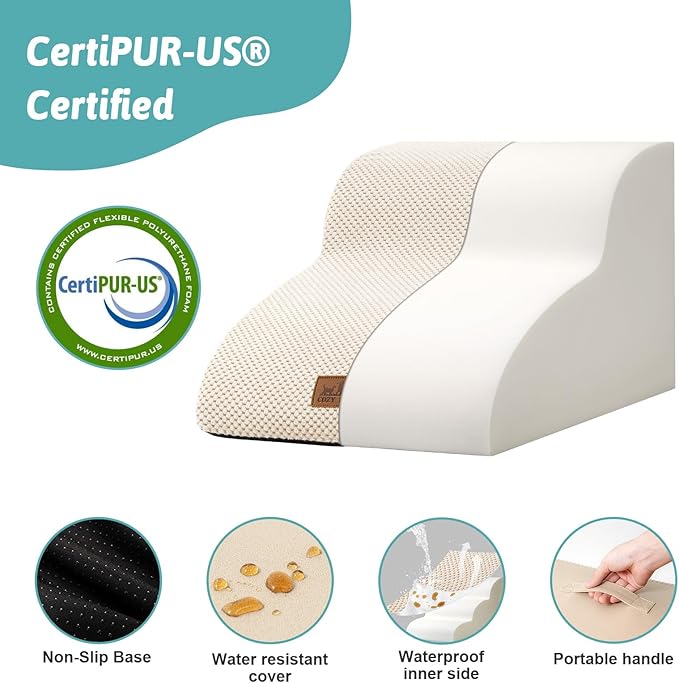 Dog Stairs for Small Dogs 11.8" H, Pet Step with Leakproof Cover, High Density Foam Cat Ramp for Chair or Sofa, Lightweight, Durable, Comfort, 15.7x19.7x11.8 inch, 2 Tiers, Beige-PurrikoPets