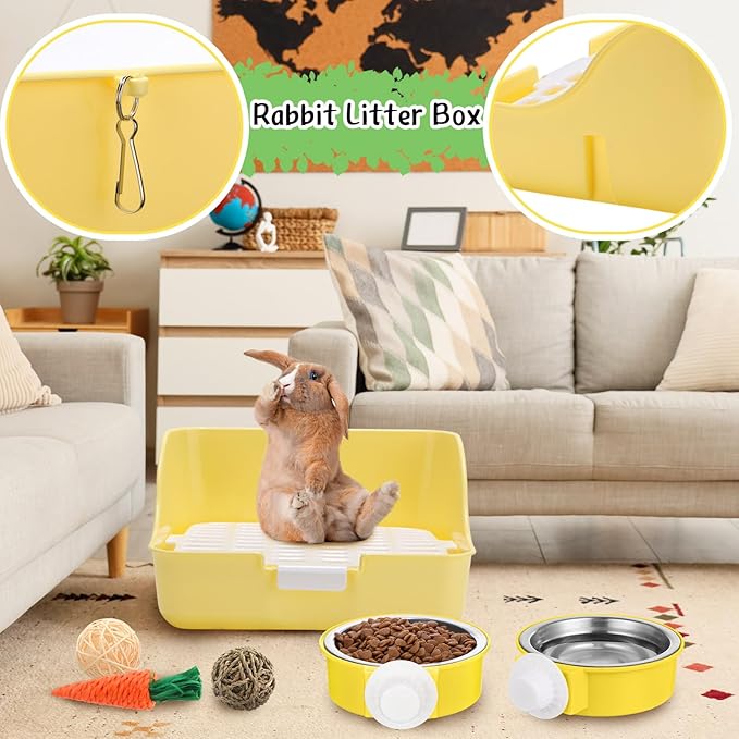 15 Pcs Rabbit Starter Kit Small Rabbit Litter Box Animal Grooming Kit Bunny Toys Bowl Blankets with Cleaning Set for Guinea Pig Accessories(Blue)-PurrikoPets