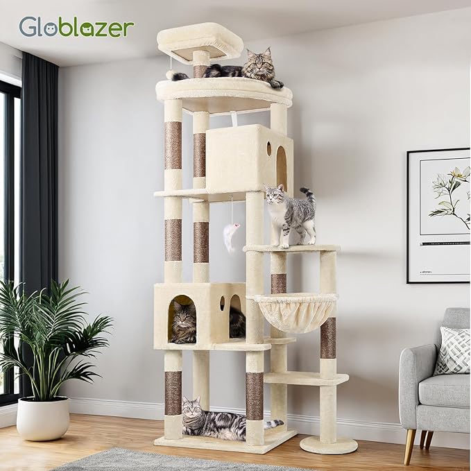 Globlazer Giant Cat Tree, 83 inch Cat Tree for Indoor Cats Large Adult, XXL Cat Tower with 9 Scratching Posts for 20lb+ Heavy Duty Large Adult Cats, F83, Beige-PurrikoPets