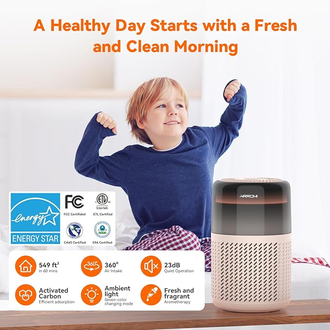 AIRROMI Air Purifier for Bedroom Home,HEPA Filter,Covers Upto 549 Ft²,Quiet 360°intake Air Cleaner with Fragrance ponge for Better Sleep,Night Light,Filters Smoke,Pet Dander,Allergies,Dust,A2005 Beige-PurrikoPets