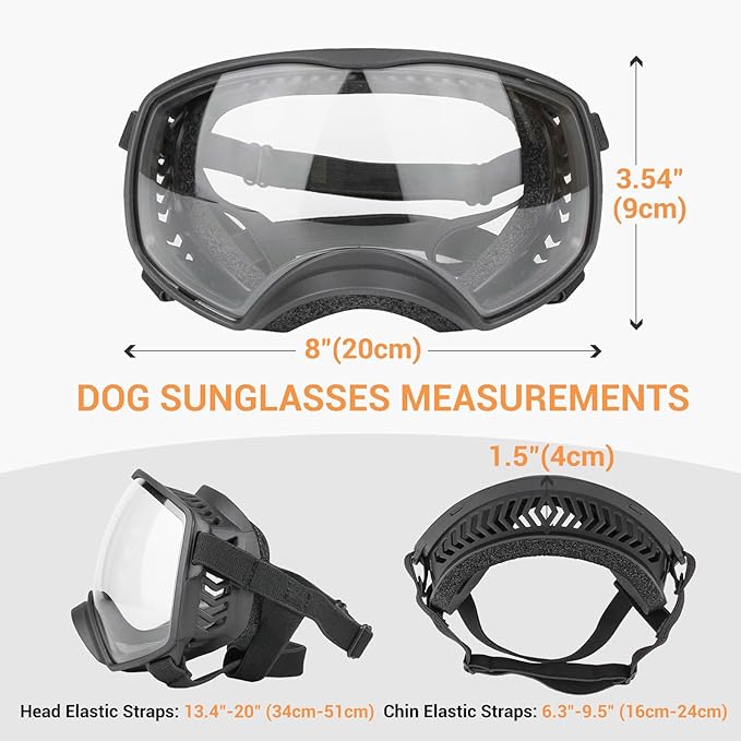 Dog Sunglasses UV Protection Clear Dog Goggles Windproof Glasses with Elastic Straps for Medium-Large Breed, Black Frame + Clear Lens-PurrikoPets