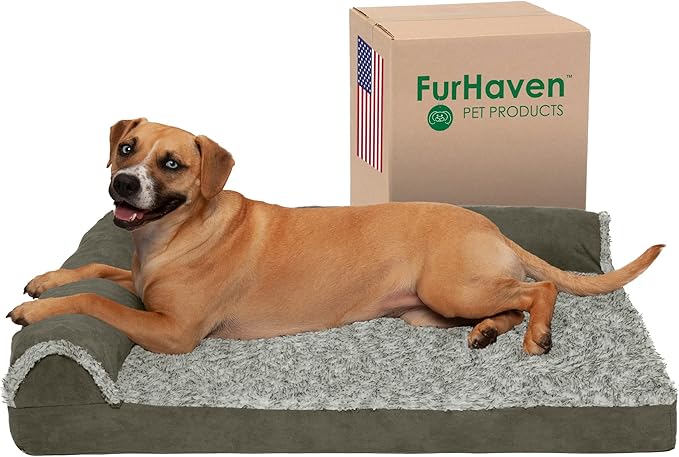 Furhaven Cooling Gel Dog Bed for Large/Medium Dogs w/ Removable Bolsters & Washable Cover, For Dogs Up to 55 lbs - Two-Tone Plush Faux Fur & Suede L Shaped Chaise - Dark Sage, Large-PurrikoPets