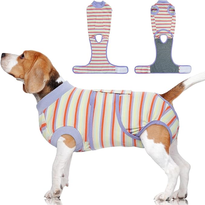 FUAMEY Recovery Suit for Dogs After Surgery,Soft Breathable Dog Bodysuit E-Collar & Cone Alternative Surgical Suit,Male Female Dog Neuter Spay Suits Anti Licking Wounds Onesie Purple Stripes XXL-PurrikoPets