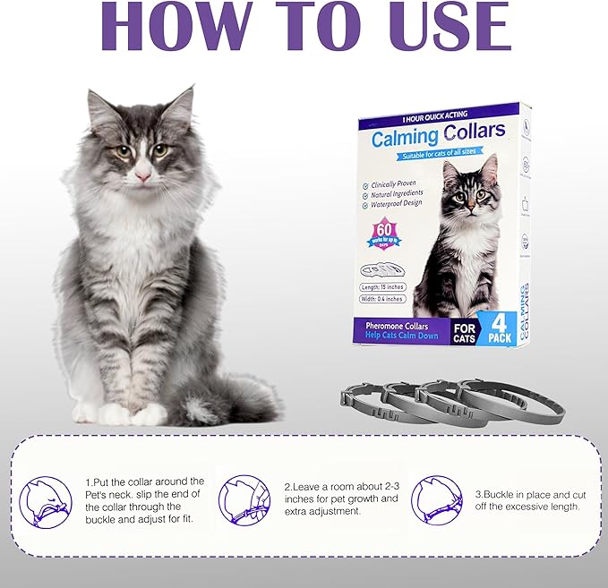 4 Pack Calming Collar for Cats - 60 Days Anxiety and Stress Relief, Relaxing Cat Collar, Adjustable Pheromones Collar for Cats，Natural Soothing for Continuous Calming-PurrikoPets