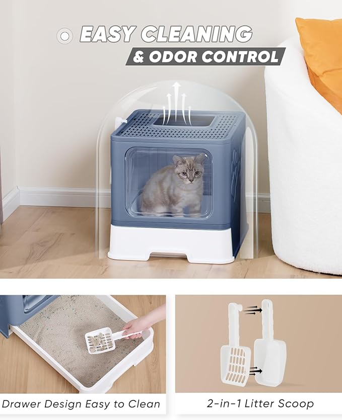 Enclosed Cat Litter Box, Large Litter Box for Big Cats, Covered Kitty Litter Boxes with Lid, Top Entry Cat Box Enclosure with Scoop, Odor Control, Easy to Clean(Blue)-PurrikoPets